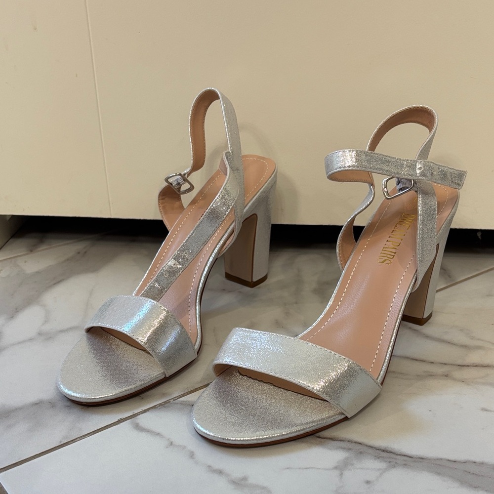 Silver strappy block heels